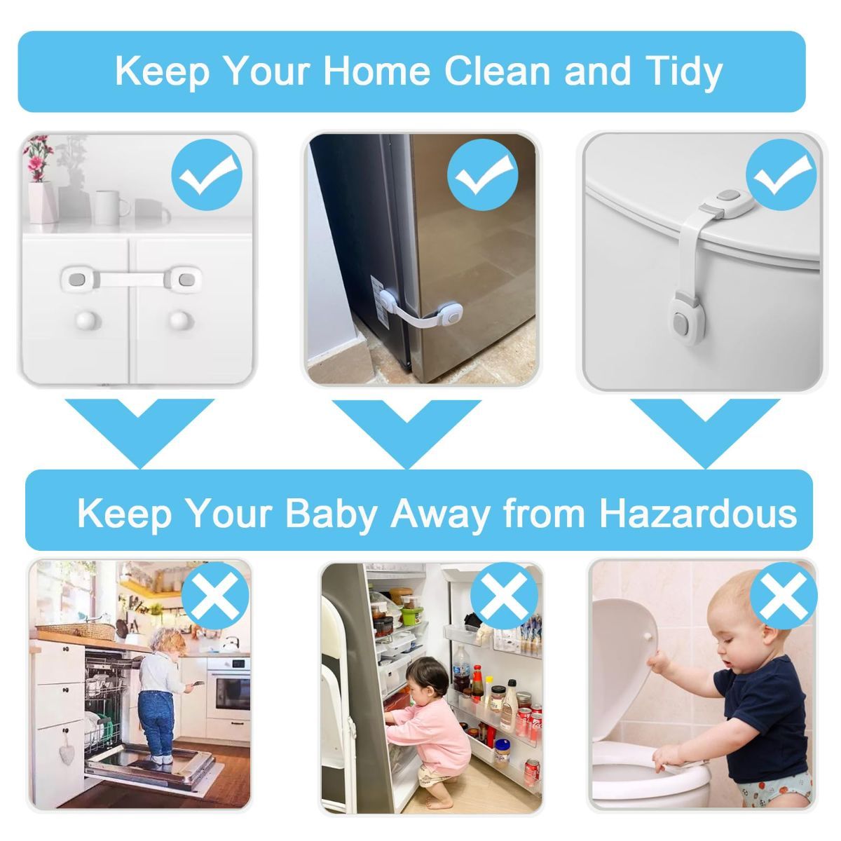Gray 4-pack baby safety cabinet locks from Everything Baby, adhesive childproof latches for cabinets, drawers, fridge, and appliances.