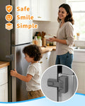 Gray 3M adhesive child safety fridge lock, 2-pack, with auto-lock and one-hand open design, keeps toddlers and pets out of fridges.