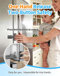 Gray 3M adhesive child safety fridge lock, self-locking and easy to open with one hand, 2-pack for toddler and pet safety.