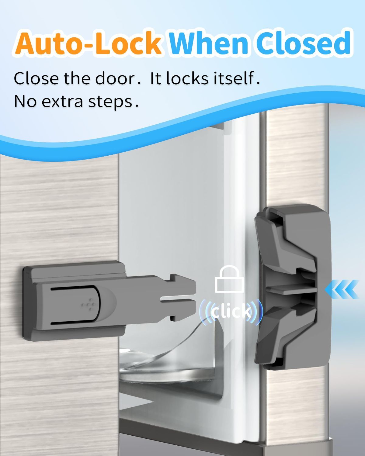 Gray 3M adhesive child safety fridge lock, auto-lock, one-hand open, self-locking, 2-pack for toddler and pet safety on single-door fridges