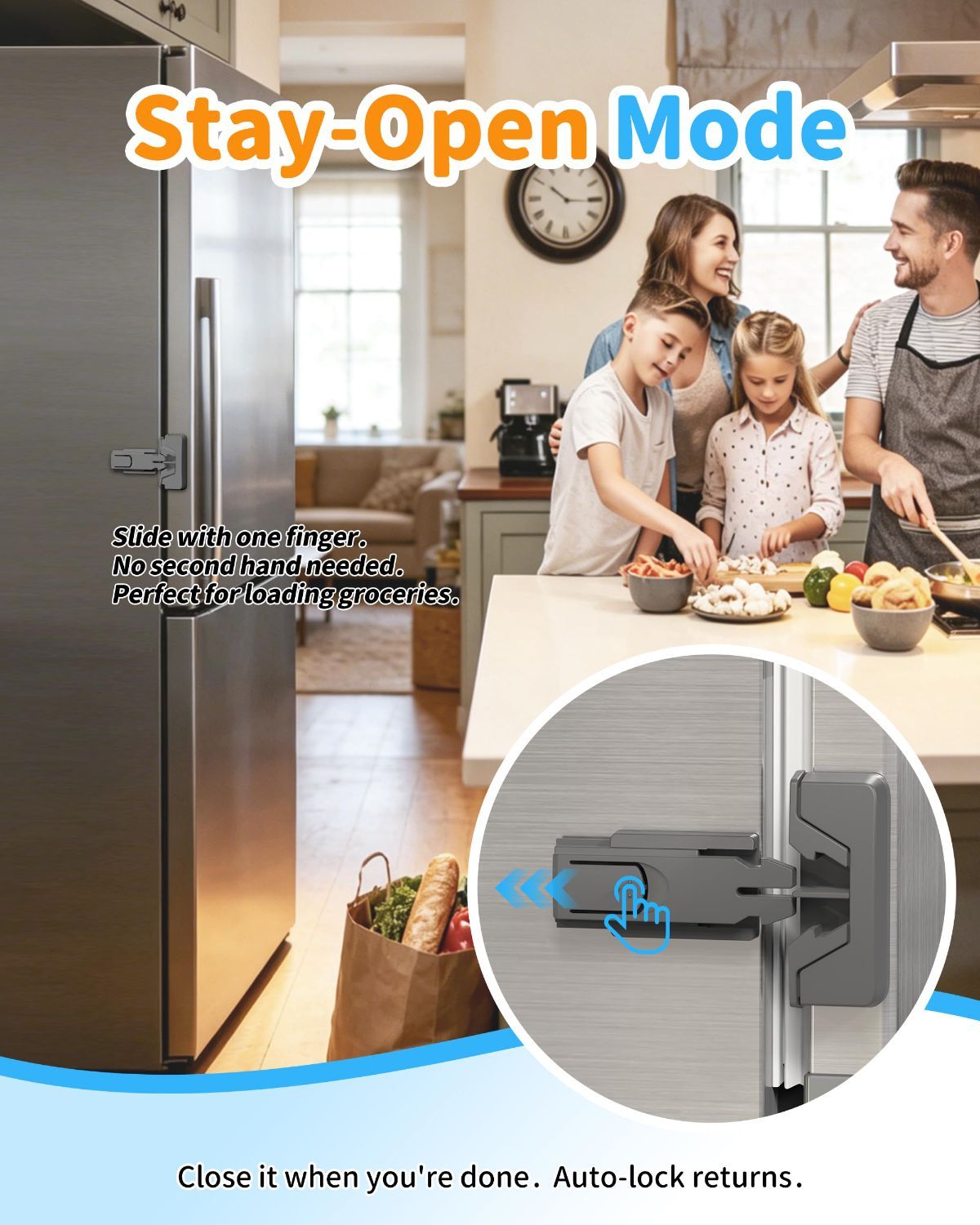 Gray 3M adhesive child safety fridge lock, 2-pack, auto-lock, one-hand open, self-locking for toddler and pet safety on single-door fridges