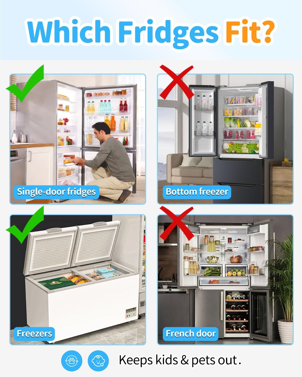 Gray 3M adhesive child safety fridge lock, 2-pack, auto-lock and one-handed open, keeps toddlers and pets out of single-door fridges