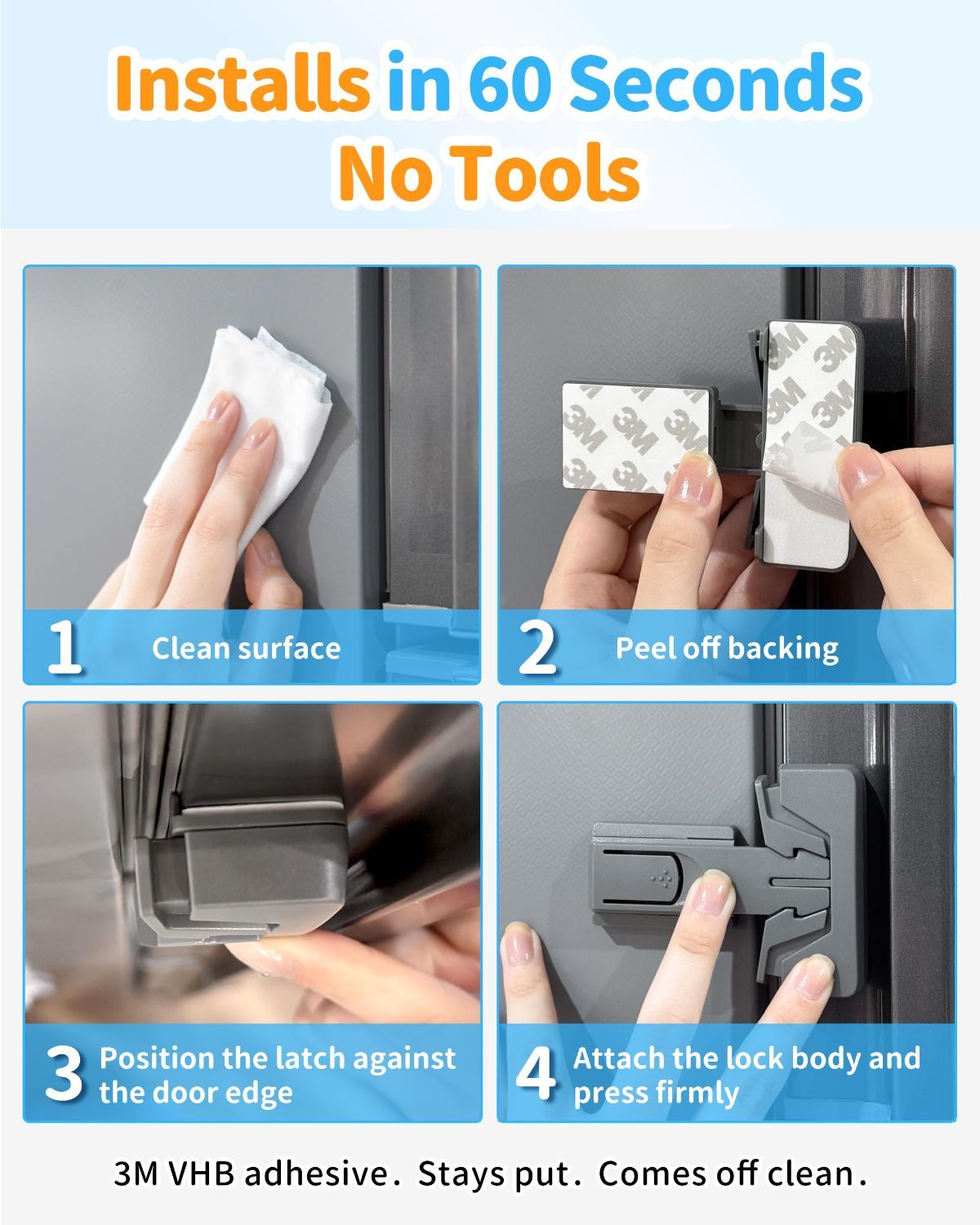 Gray 3M adhesive child safety fridge lock, 2-pack, self-locking with one-hand open, designed to keep toddlers and pets out of fridges.