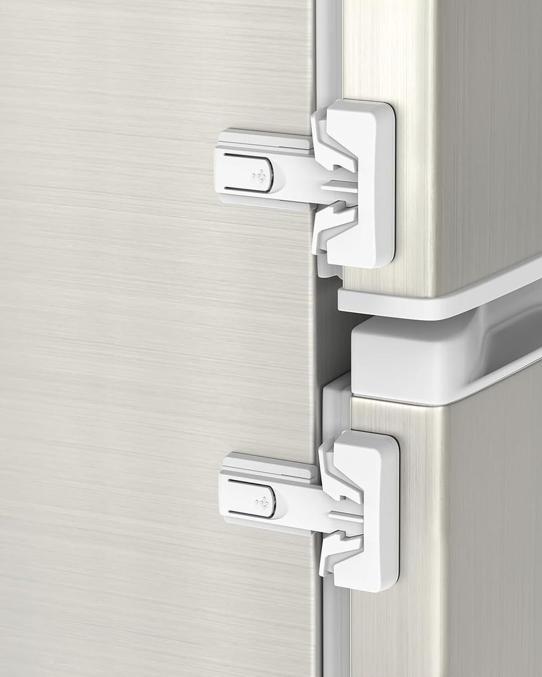 Gray 3M adhesive child safety fridge lock, 2-pack, self-locking, easy one-hand open, for toddler-proofing single-door refrigerators.