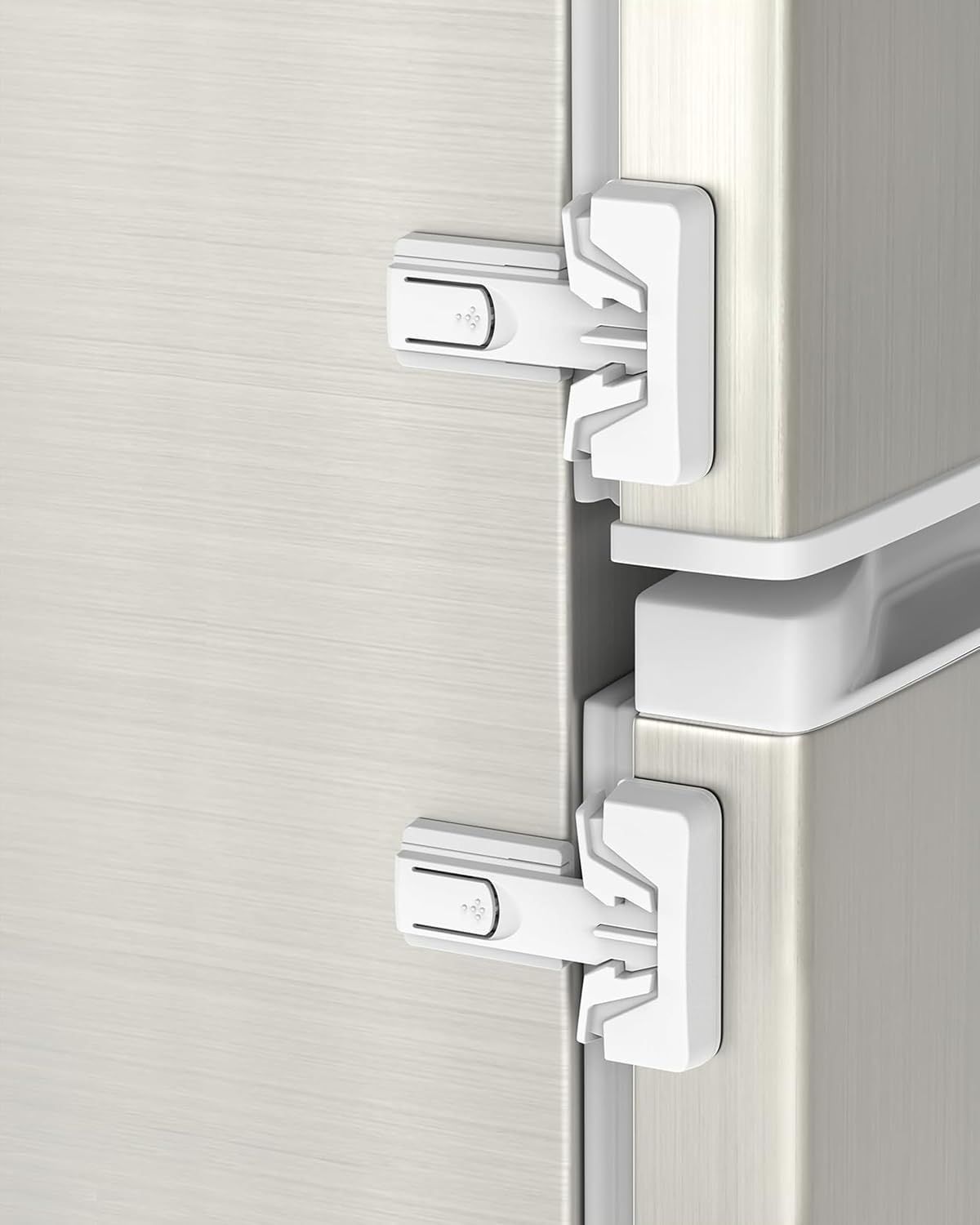 Gray 3M adhesive child safety fridge lock, 2-pack, self-locking, easy one-hand open, for toddler-proofing single-door refrigerators.