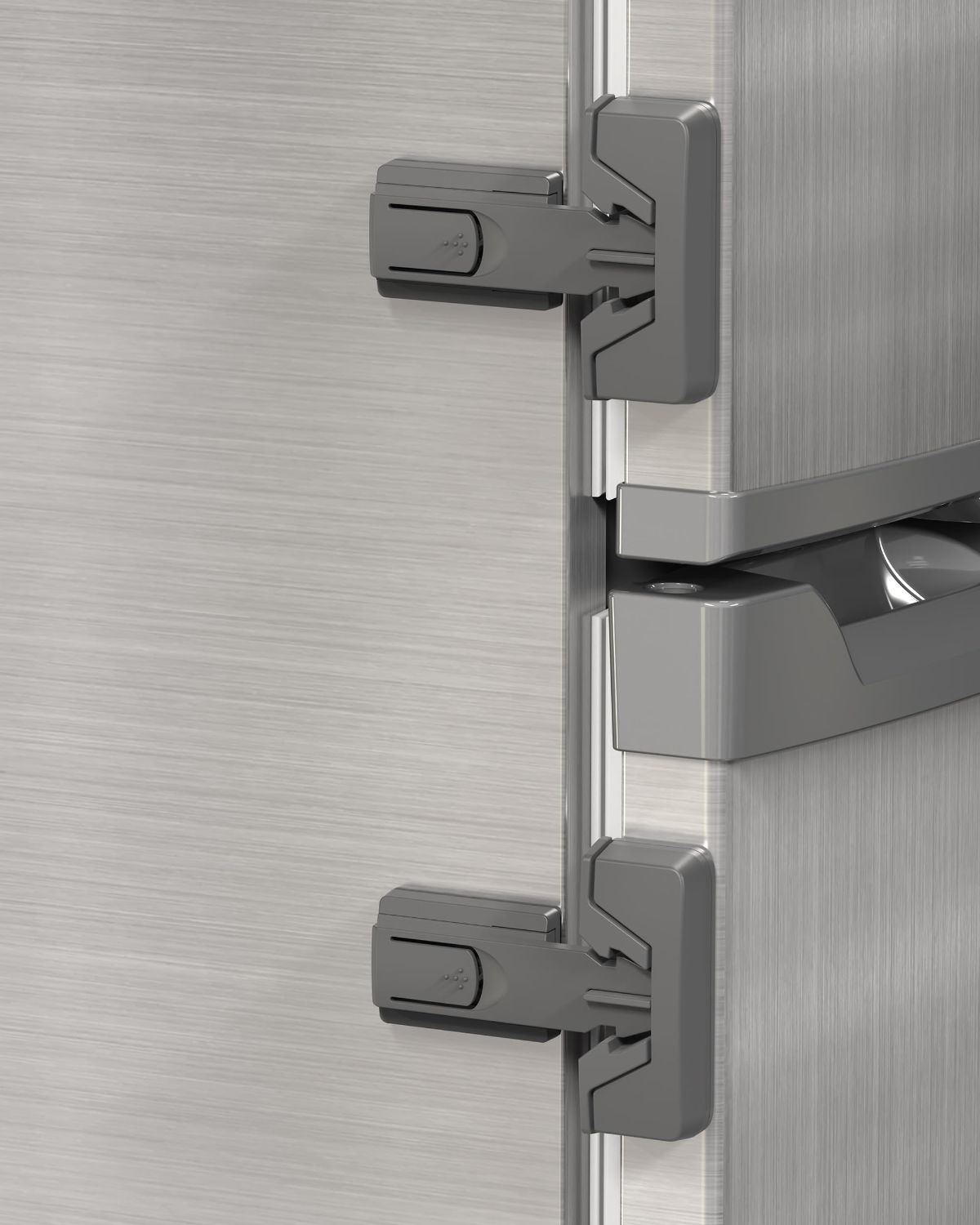 Gray 3M adhesive child safety fridge lock, 2-pack, self-locking with one-hand open, for toddler-proofing single-door fridges.