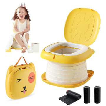 Portable Folding Potty for Toddlers – Compact Travel Toilet with Cat Design, Easy to Carry & Clean, Ideal for Home, Car, Camping, Outdoor Use (Yellow)