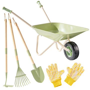 5-Piece Kids Wheelbarrow and Gardening Tool Set, Ages 3+
Metal toy wheelbarrow, extendable broom, hoe, shovel, and gloves for garden, yard, sandbox, and supervised outdoor play(Light Green)