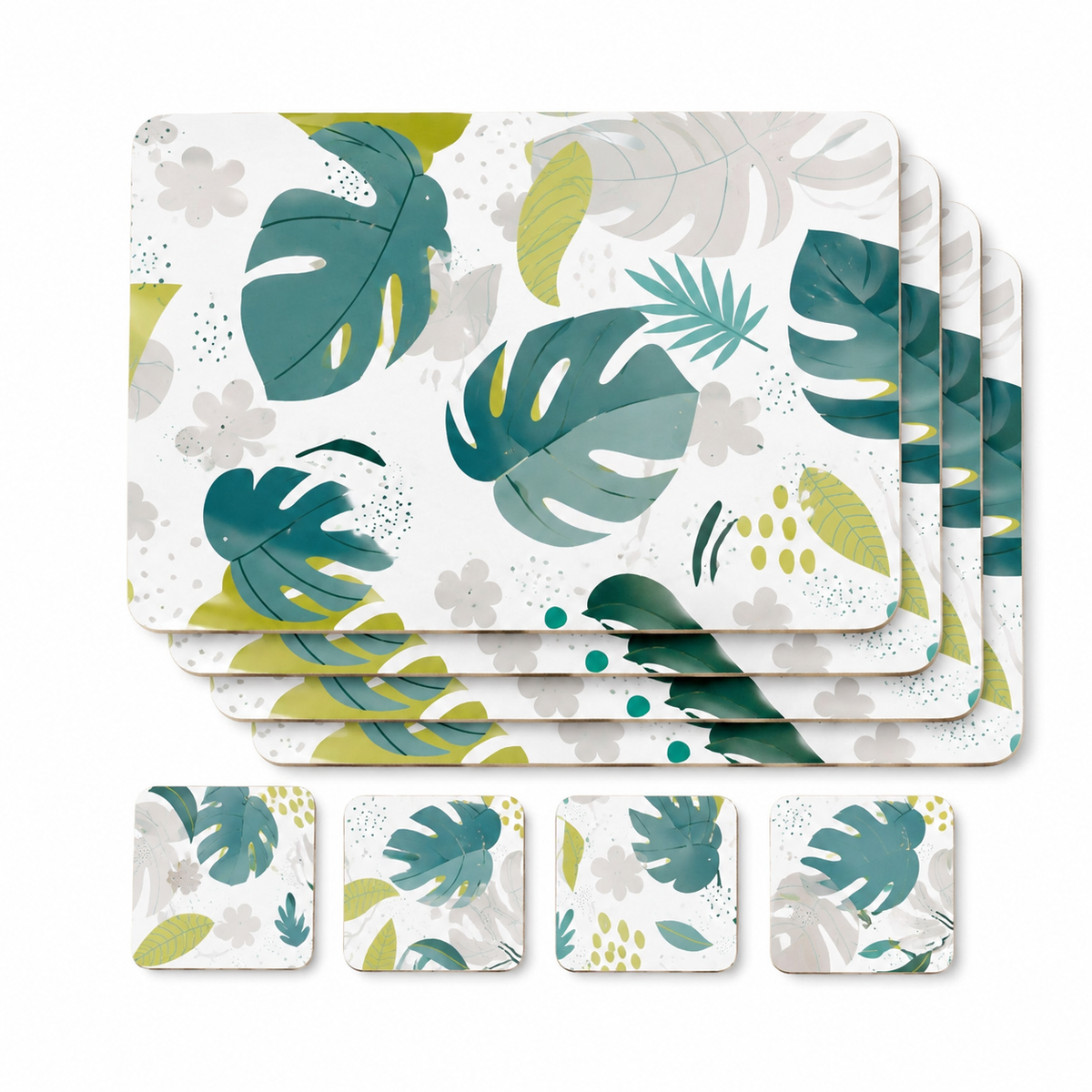Set of 8 Monstera MDF placemats and coasters, heat resistant, measuring 34x26.5cm, designed for baby and kids' building toy decor.