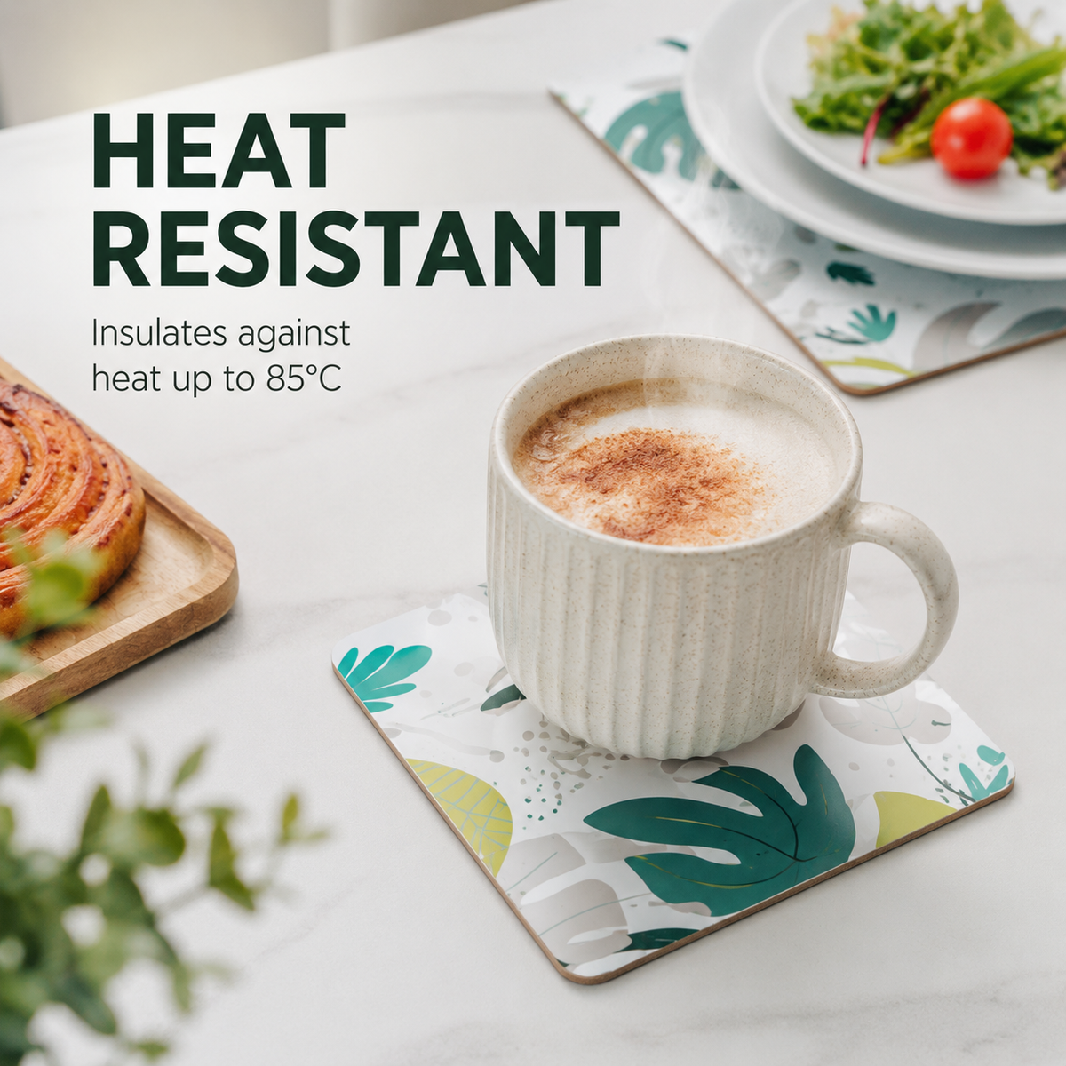 Set of 8 Monstera MDF placemats and coasters with heat resistance, featuring vibrant green leaf designs for kitchen or dining use.