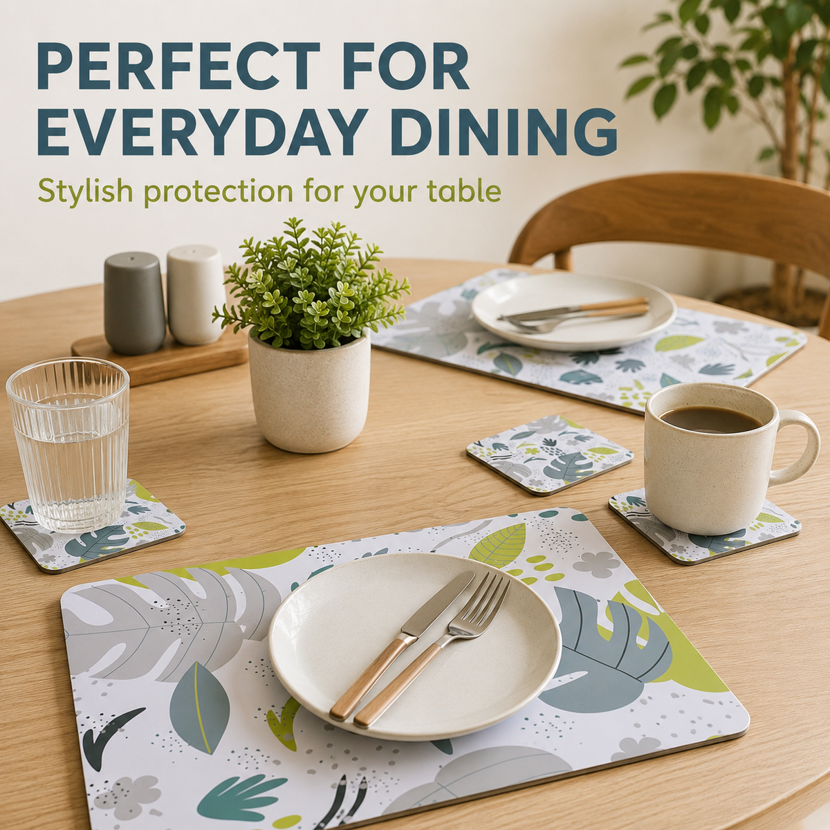 Set of 8 Monstera MDF placemats and coasters from Everything Baby, heat resistant, featuring tropical leaf design for kids' play areas.
