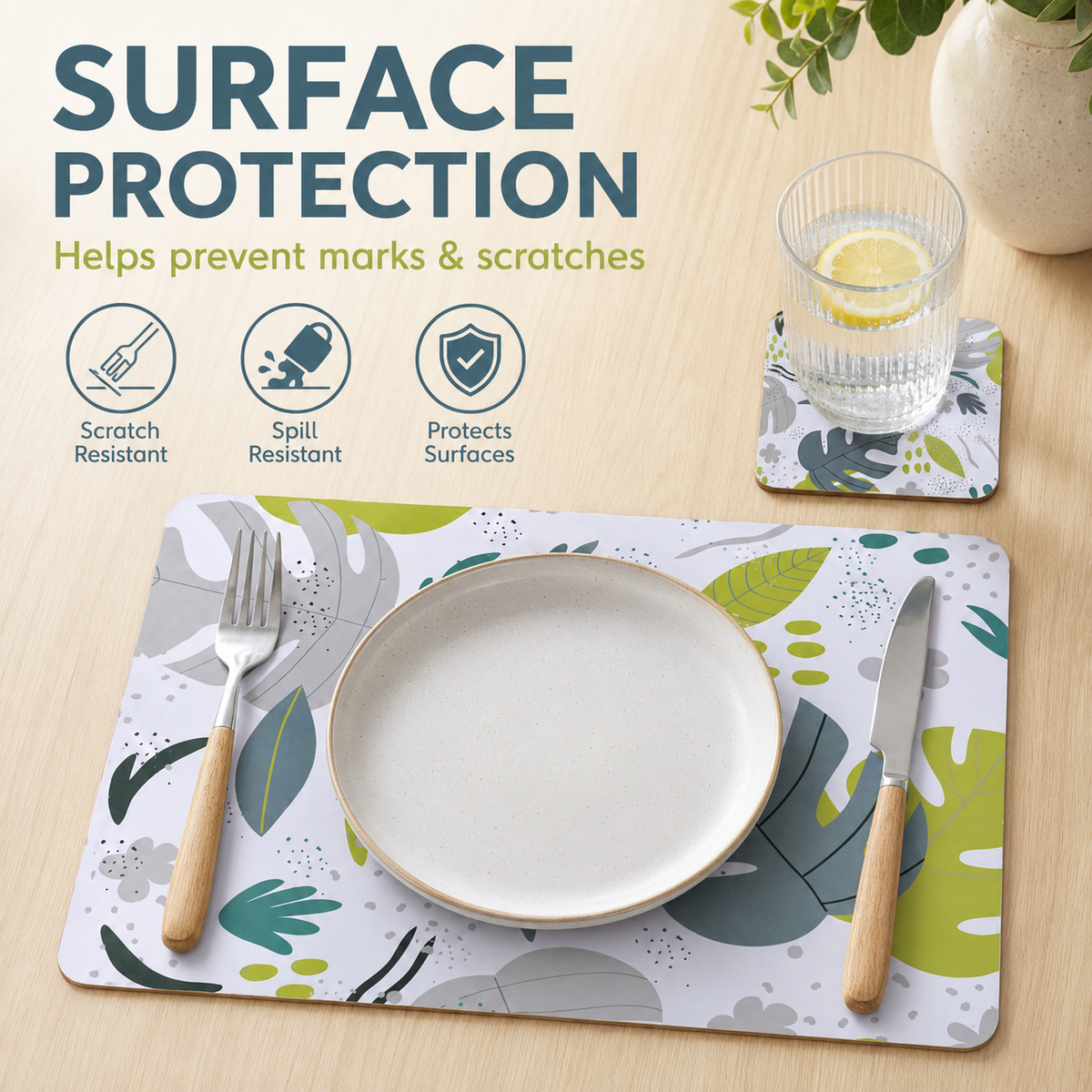 Set of 8 Monstera MDF placemats and coasters, heat resistant, 34x26.5cm, perfect for protecting surfaces in baby and kid's toy areas