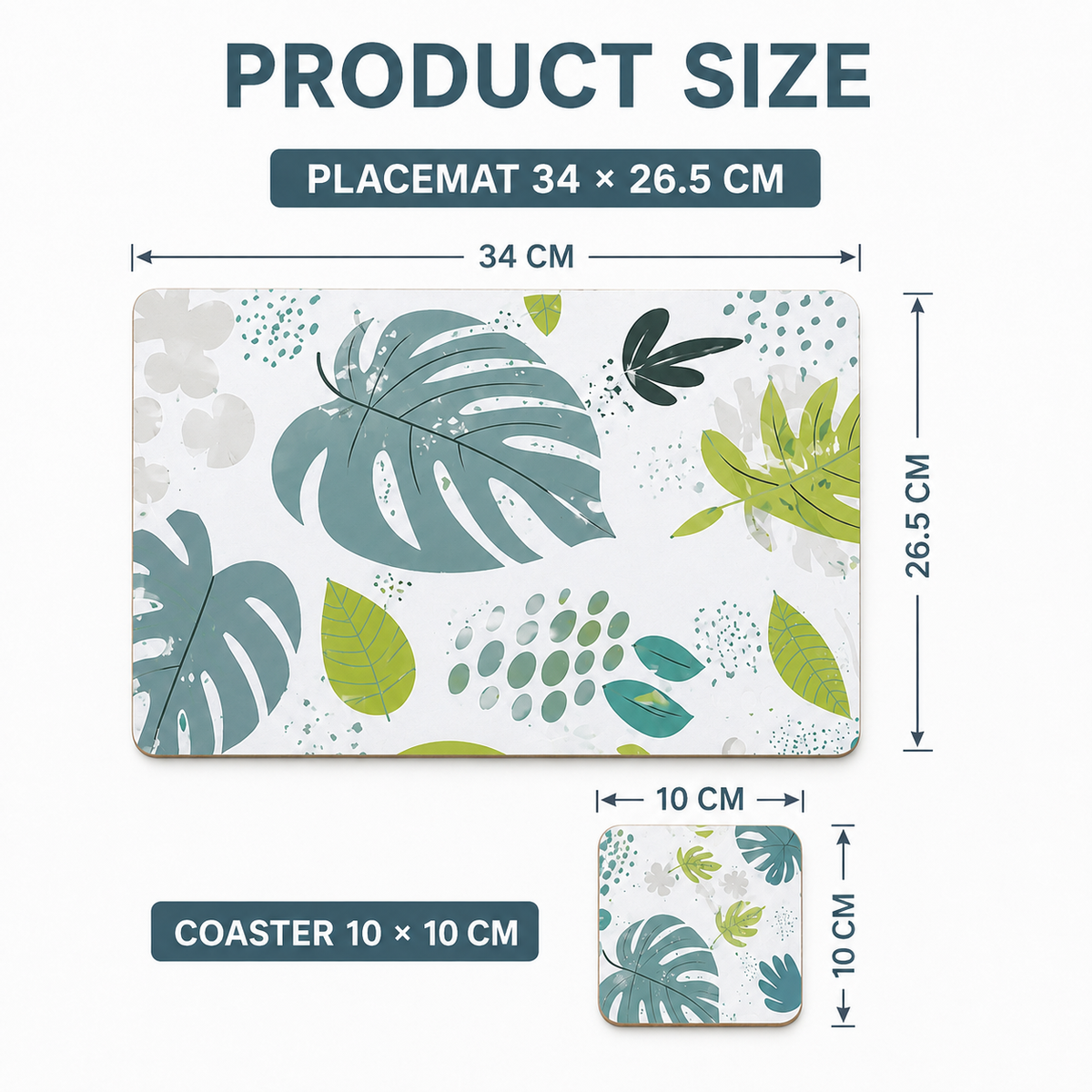 Set of 8 Monstera MDF placemats and coasters by Everything Baby, heat resistant, featuring tropical leaf design, 34x26.5cm.