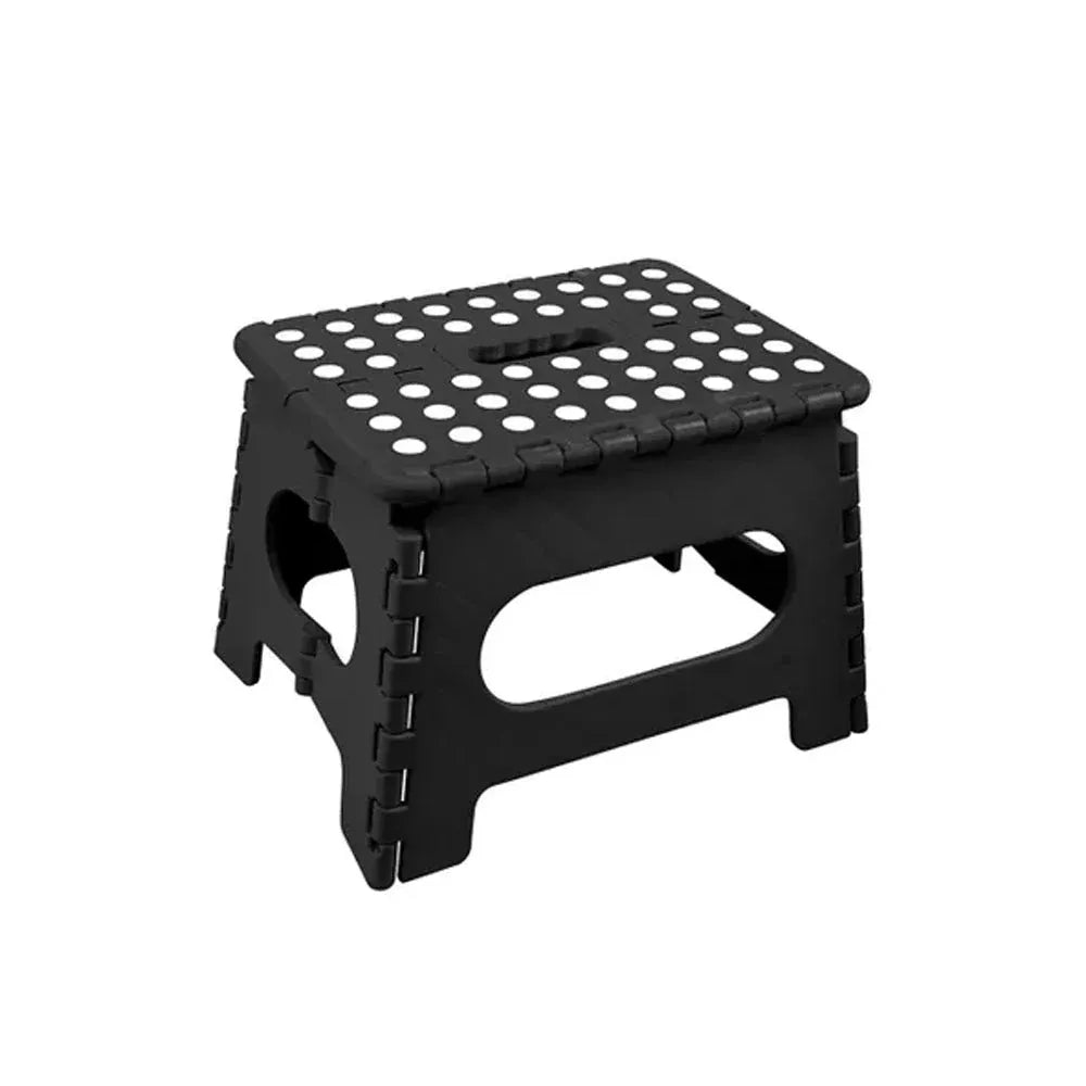 Black portable plastic foldable stool, suitable for outdoor, bathroom, kitchen, kids, and adults, by Everything Baby.