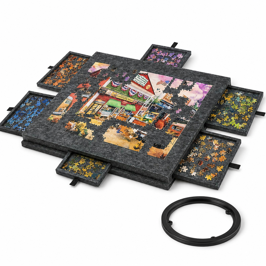360° rotating jigsaw puzzle table with cover and stand, featuring 6 drawers and felt tray for up to 1000-piece kid's puzzles.