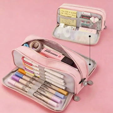 Large Capacity Pencil Case 3 Compartment Pouch Pen Bag for School Teen Girl Boy Men Women (Pink)