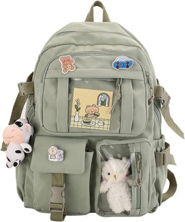 1 Children's Cute Backpack with Pins and Plush Pendant, Green, Waterproof School Backpack for Girls