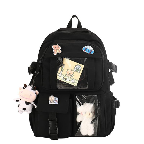 1 Black Children's Cute Backpack with Pins and Plush Pendant, School Travel Backpack for Girls, Waterproof