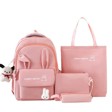 Cute Rabbit Ears School Backpack for Girls 4-Piece with Multiple Compartments Large Space, Pink, Compatible with Teenage & High School