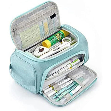 3-Layer Multifunctional School Pencil Case, Light Blue, with 3 Layers for Pens and Stationery