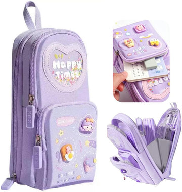 3 Compartments Multifunctional Pencil Case Large Capacity, Purple