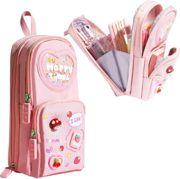 Pencil case with 3 compartments large capacity, cute design, pink, 1 piece