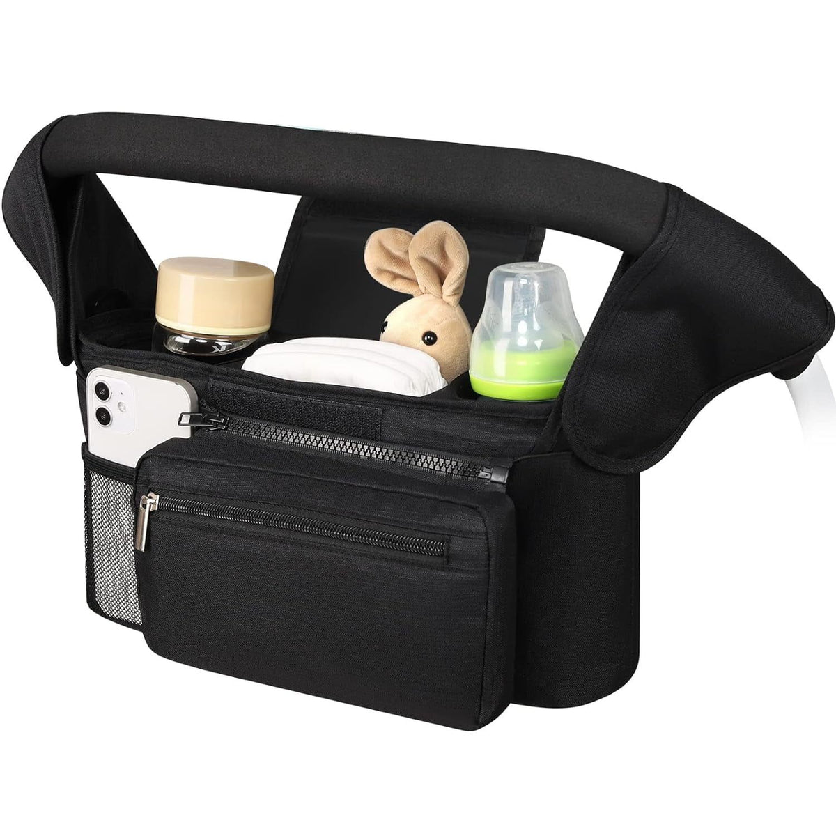 Universal stroller organizer by Everything Baby with insulated cup holders, detachable phone bag, and large storage in black.