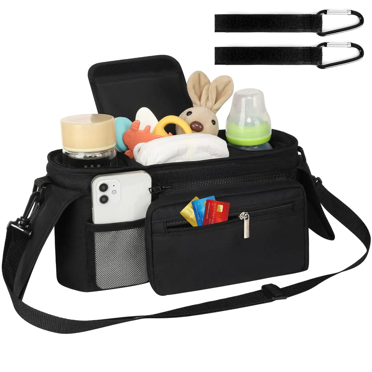 Universal stroller organizer by Everything Baby with insulated cup holders, detachable phone bag, and large storage in black.