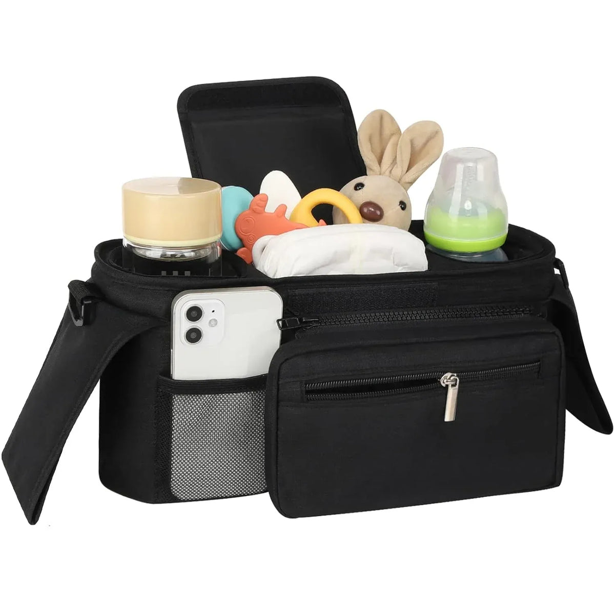 Universal stroller organizer by Everything Baby with insulated cup holders, detachable phone bag, and large storage in black.