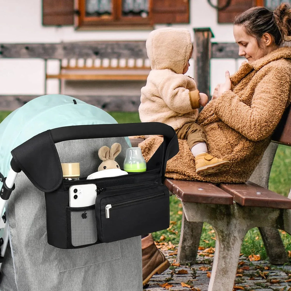 Universal stroller organizer by Everything Baby with insulated cup holders, detachable phone bag, large storage, black color.