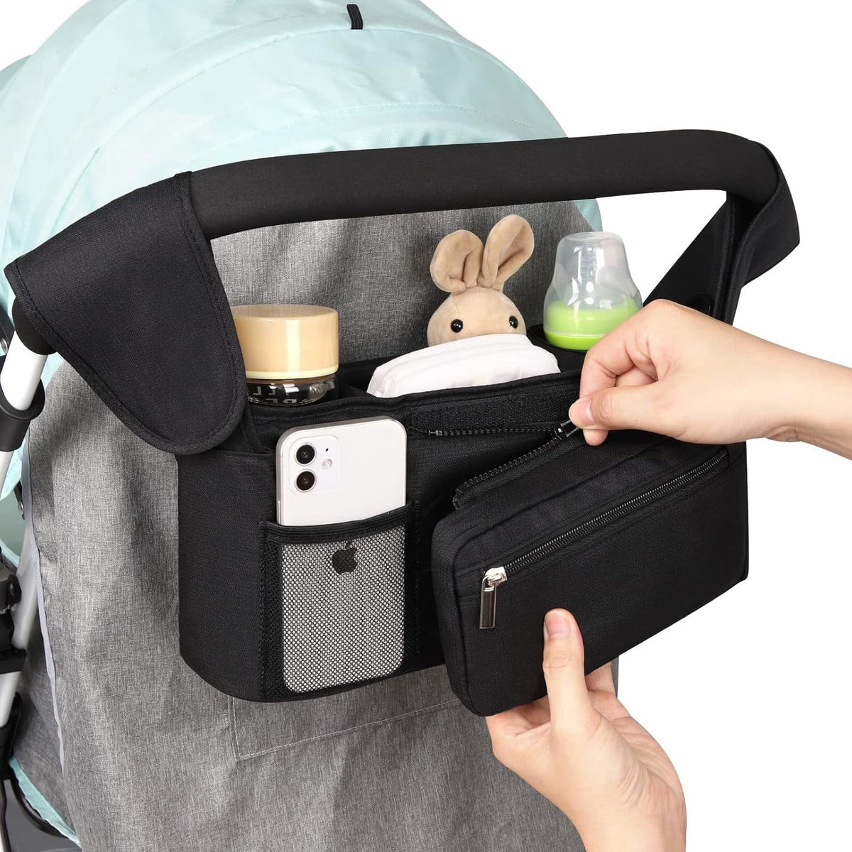 Universal stroller organizer by Everything Baby with insulated cup holders, detachable phone pocket, and large storage in black.