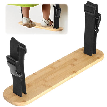 Adjustable bamboo baby high chair footrest with straps for hook-on highchairs, providing comfortable support for little feet.