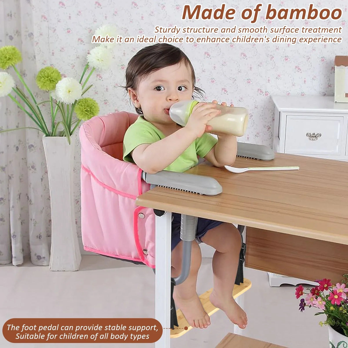 Adjustable bamboo baby high chair footrest with straps, designed for hook-on highchairs, by Everything Baby.