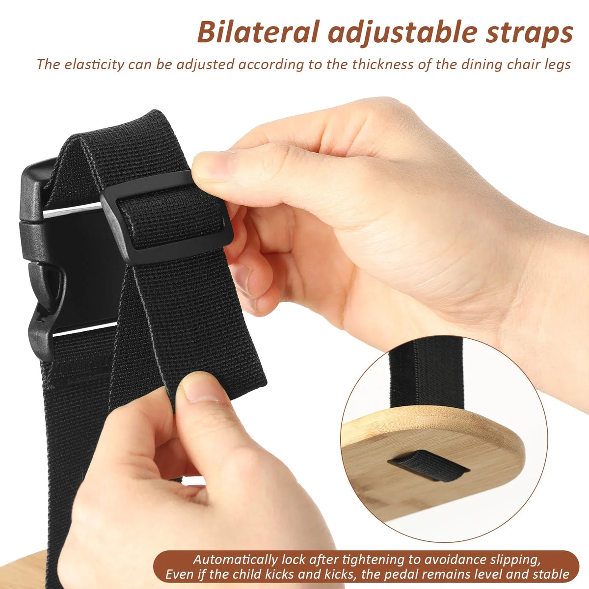 Adjustable bamboo baby high chair footrest with straps, designed for hook-on highchairs, provides comfortable foot support for kids.