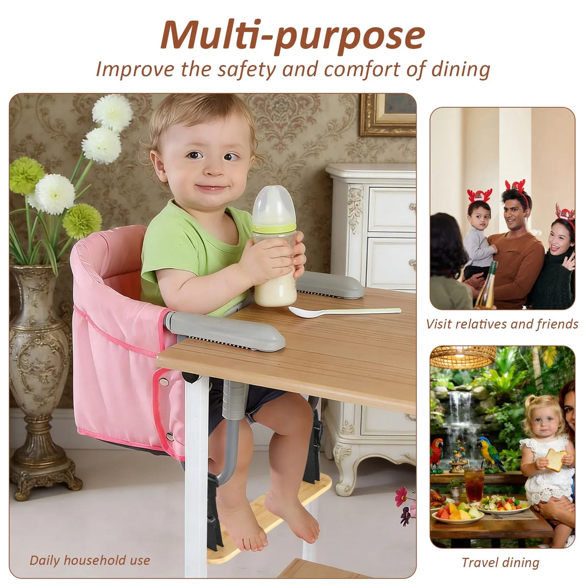 Adjustable bamboo baby high chair footrest with straps, designed for hook-on highchairs, providing comfort and support for kids.