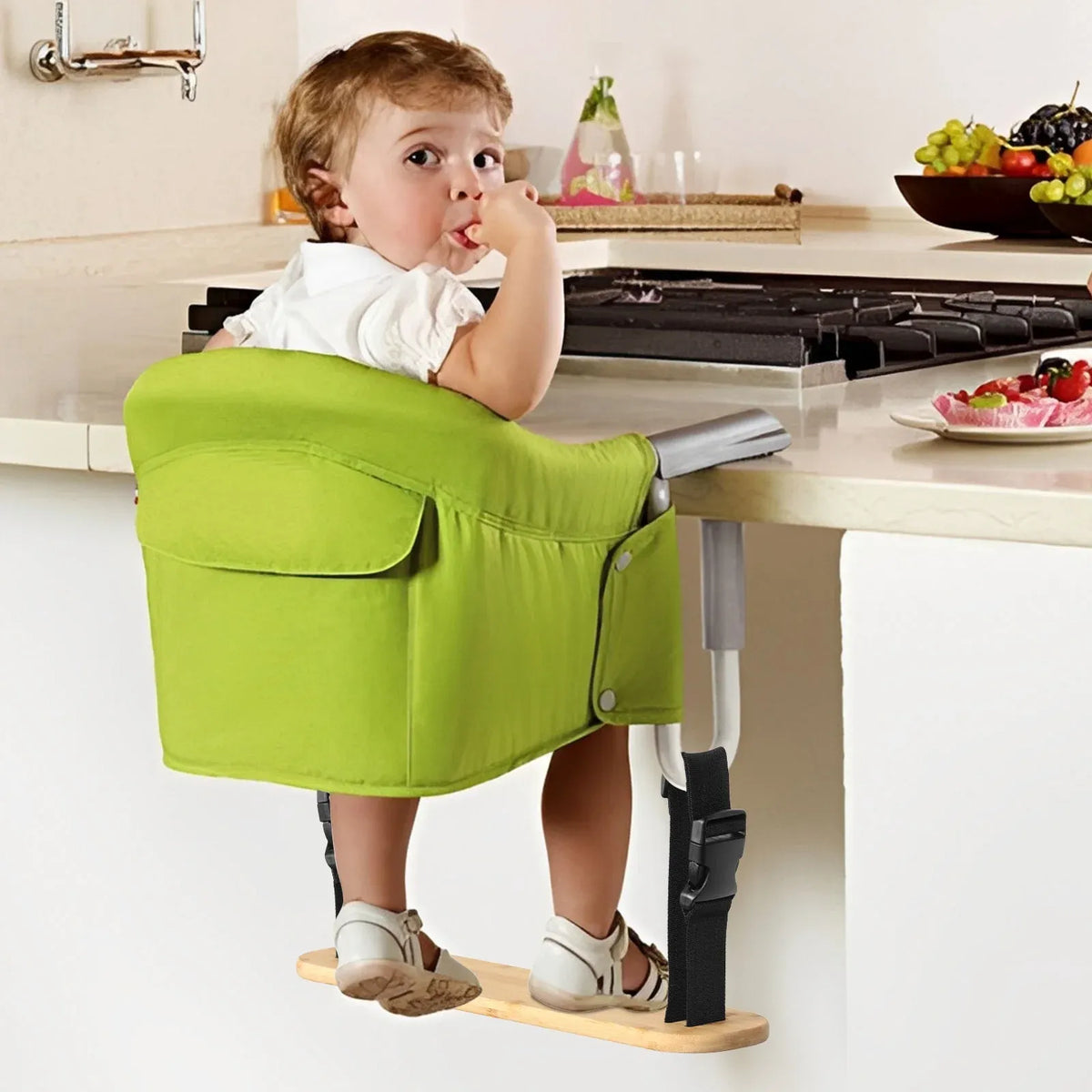 Adjustable bamboo baby high chair footrest with straps, designed for hook-on highchairs, providing comfort for kids.