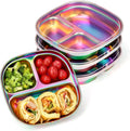 Set of 4 stainless steel kids plates with colorful rainbow lids, divided toddler plates by Everything Baby for lunch and snacks.