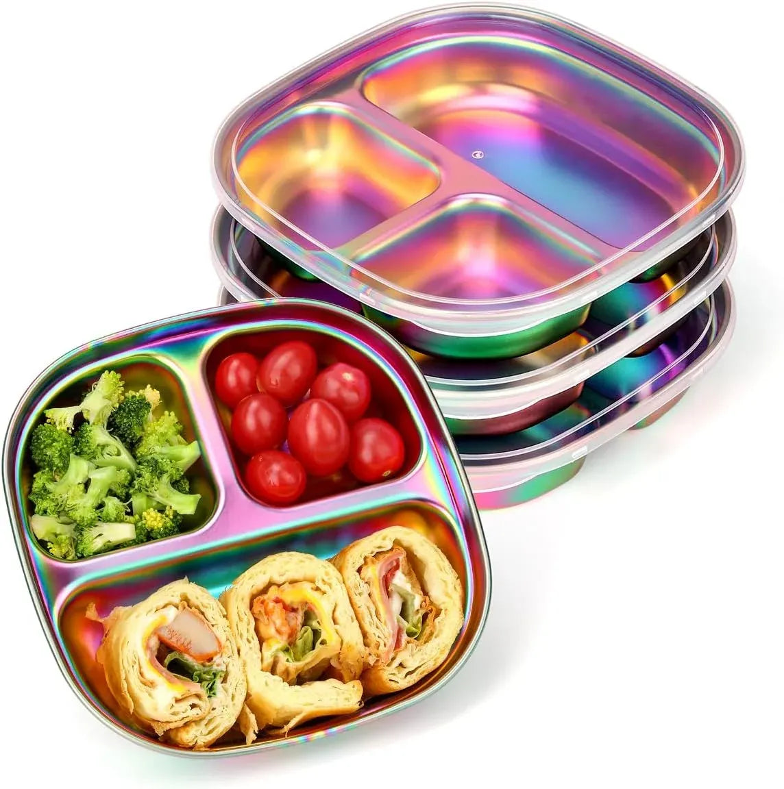 Set of 4 stainless steel kids plates with colorful rainbow lids, divided toddler plates by Everything Baby for lunch and snacks.