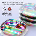 Set of 4 stainless steel kids plates with colorful rainbow lids, divided toddler plates for lunch, from Everything Baby.