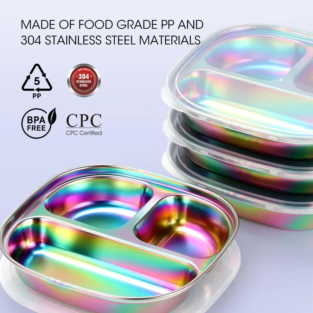 Set of 4 stainless steel kids plates with colorful rainbow lids, divided toddler plates for lunch, from Everything Baby.