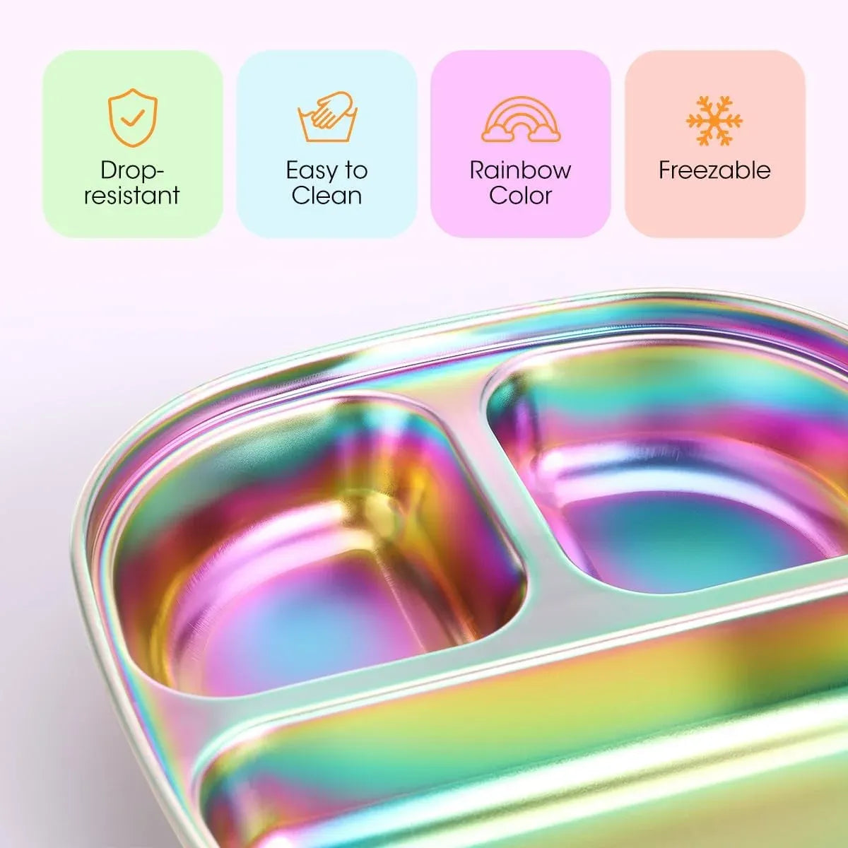 Four stainless steel kids plates with lids, rainbow color, divided toddler plates from Everything Baby, designed for easy mealtime.