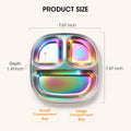 Four stainless steel kids plates with rainbow colors and lids, divided toddler plates for baby and kids meals.