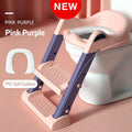 Pink toddler potty training toilet with step stool, soft seat, and ladder for kids, designed for easy use and comfort.