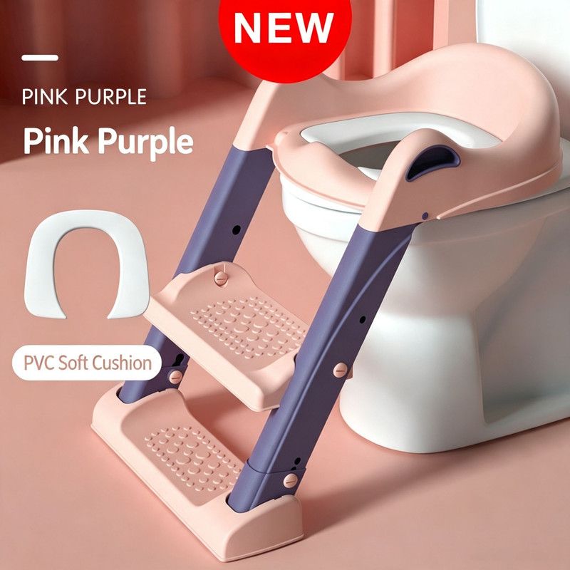 Pink toddler potty training toilet with step stool, soft seat, and ladder for kids, designed for easy use and comfort.