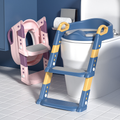 Pink potty training toilet with soft seat, step stool ladder, and kid-friendly design for toddlers and young children.