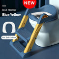 Blue potty training toilet with step stool and soft seat for toddlers, designed for easy child-friendly bathroom use.