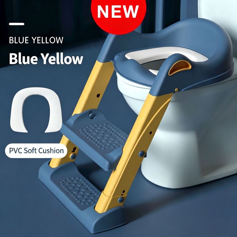 Blue potty training toilet with step stool and soft seat for toddlers, designed for easy child-friendly bathroom use.