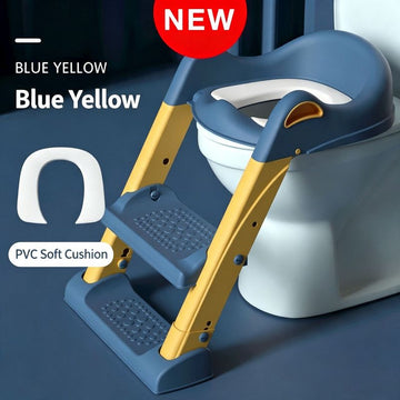 Blue potty training toilet with step stool and soft seat for toddlers, designed for easy child-friendly bathroom use.