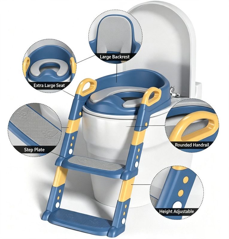 Blue potty training toilet with step stool and soft seat for toddlers, designed for kids' bathroom use.