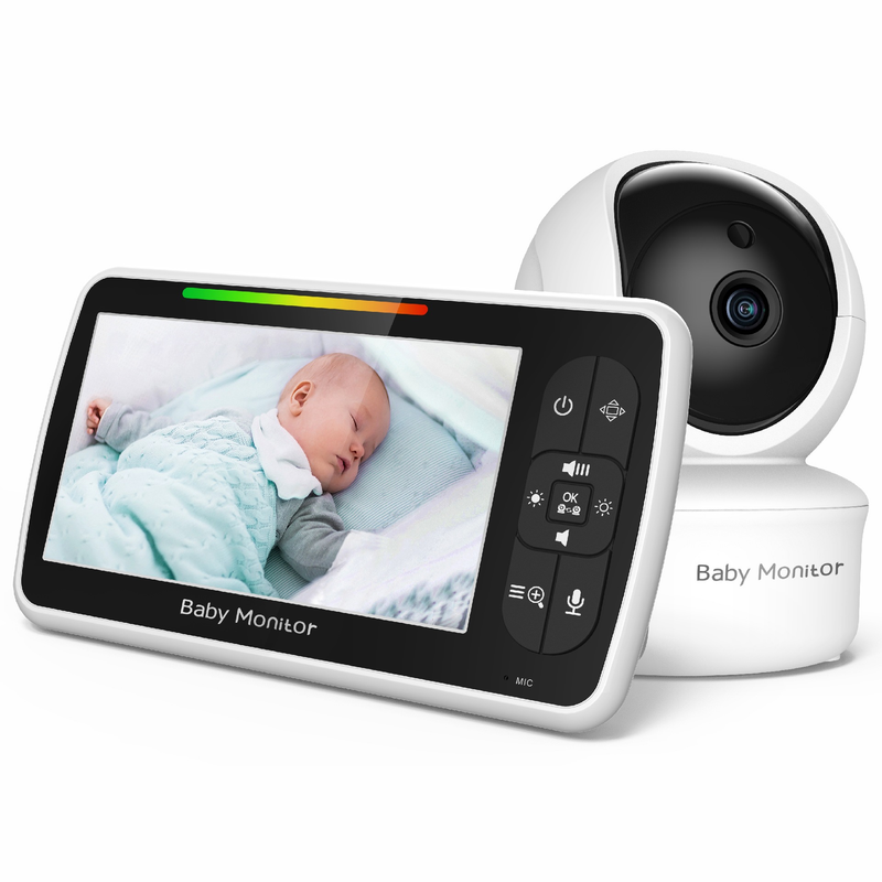 SM650 5-inch no-WiFi baby monitor with camera, night vision, two-way audio, VOX, and alerts for temperature and feeding.